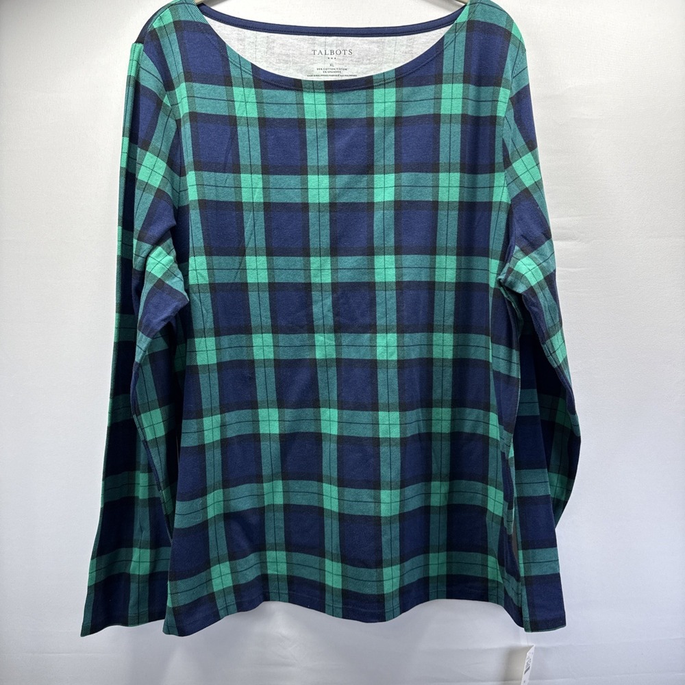 Talbots Women's Top XL Blue Green Plaid Long Sleeves Pullover Cotton Blend NWT